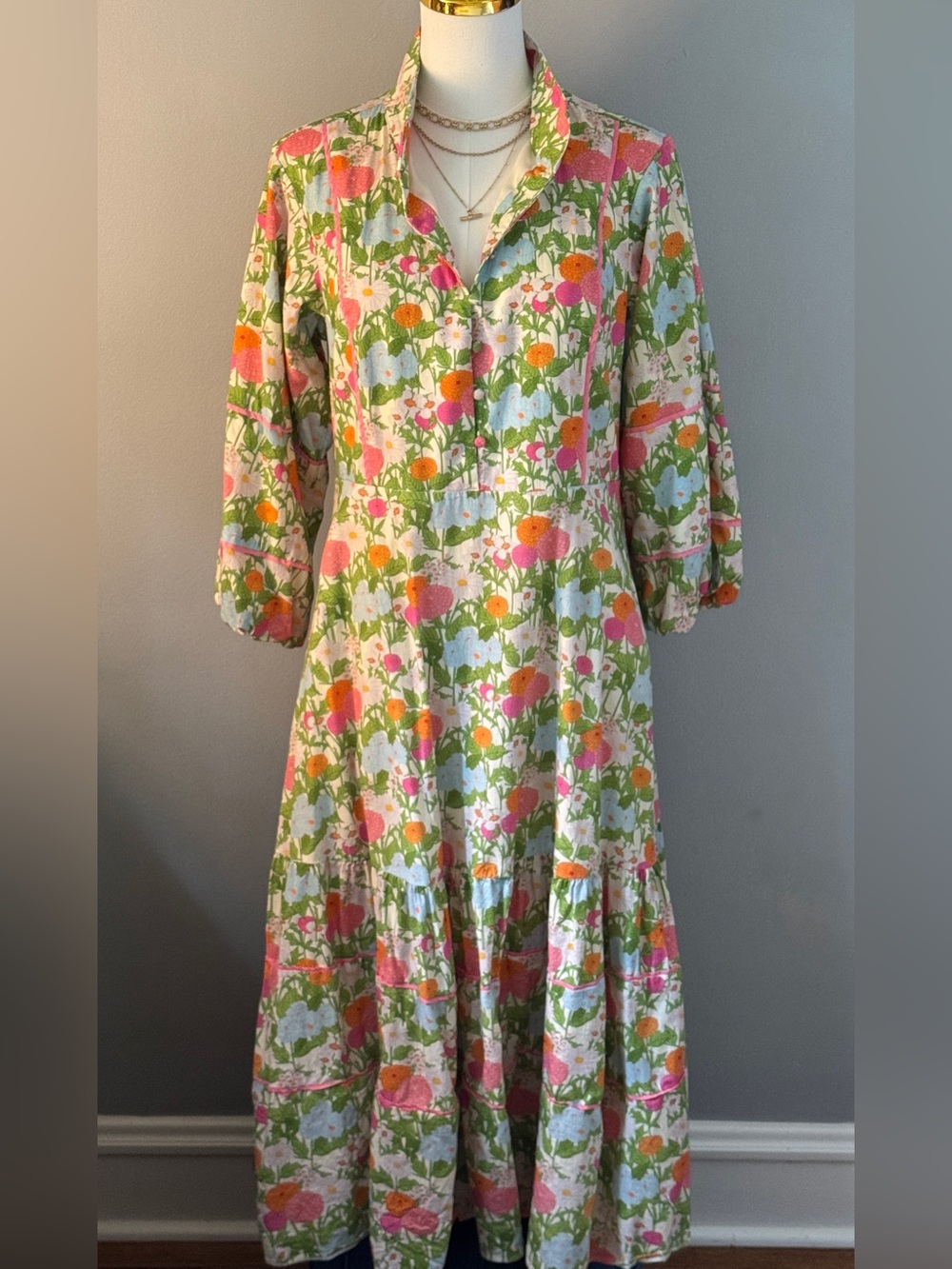 Tuckernuck Floral Button-Front Midi Dress in Green, Pink & Orange